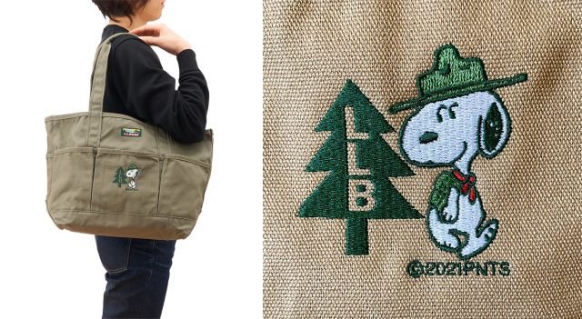 PEANUTS L.L.Bean カタディン･キャンピング･トートを持った女性と刺繍部分のアップ
