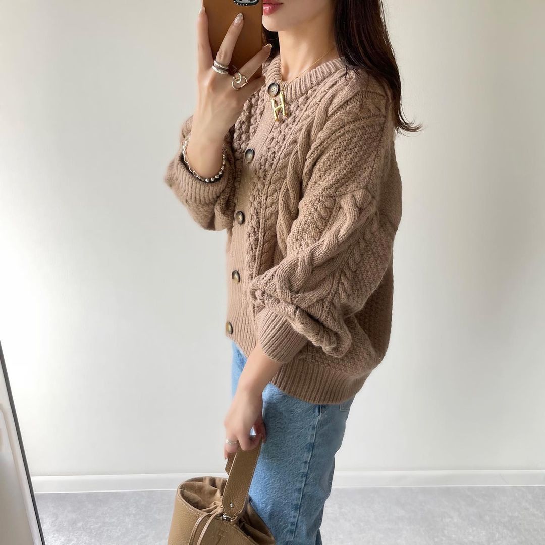 ケーブルコクーンカーディガンブラウンの画像3