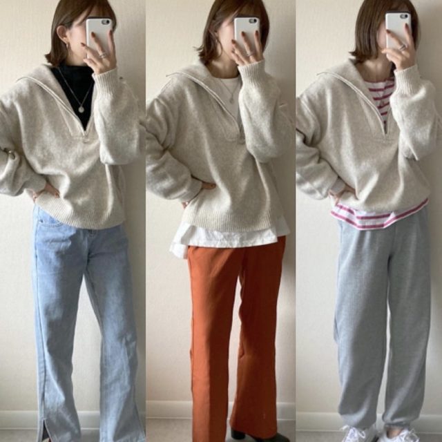 ハーフジップトップス