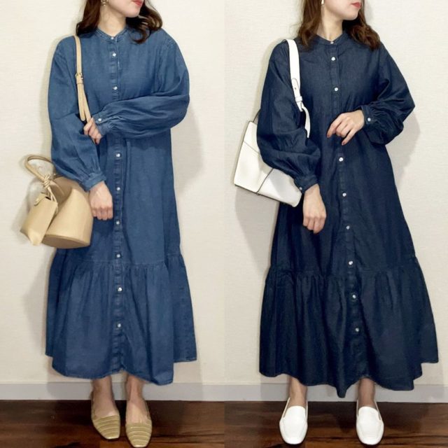 GUのデニムギャザー切り替えワンピースの2色の着用画像
