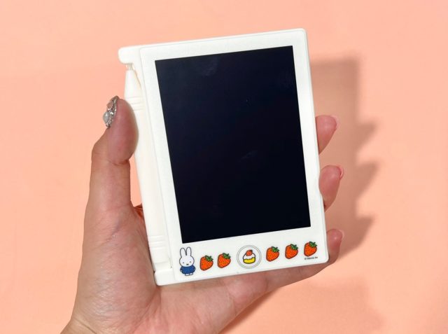 お花柄といちご柄のデジタルメモを手に持っている