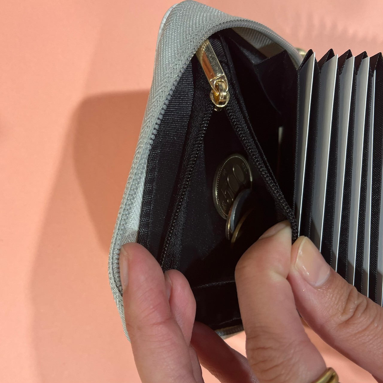 ツバメノートカードケースの小銭入れにコインを入れた画像