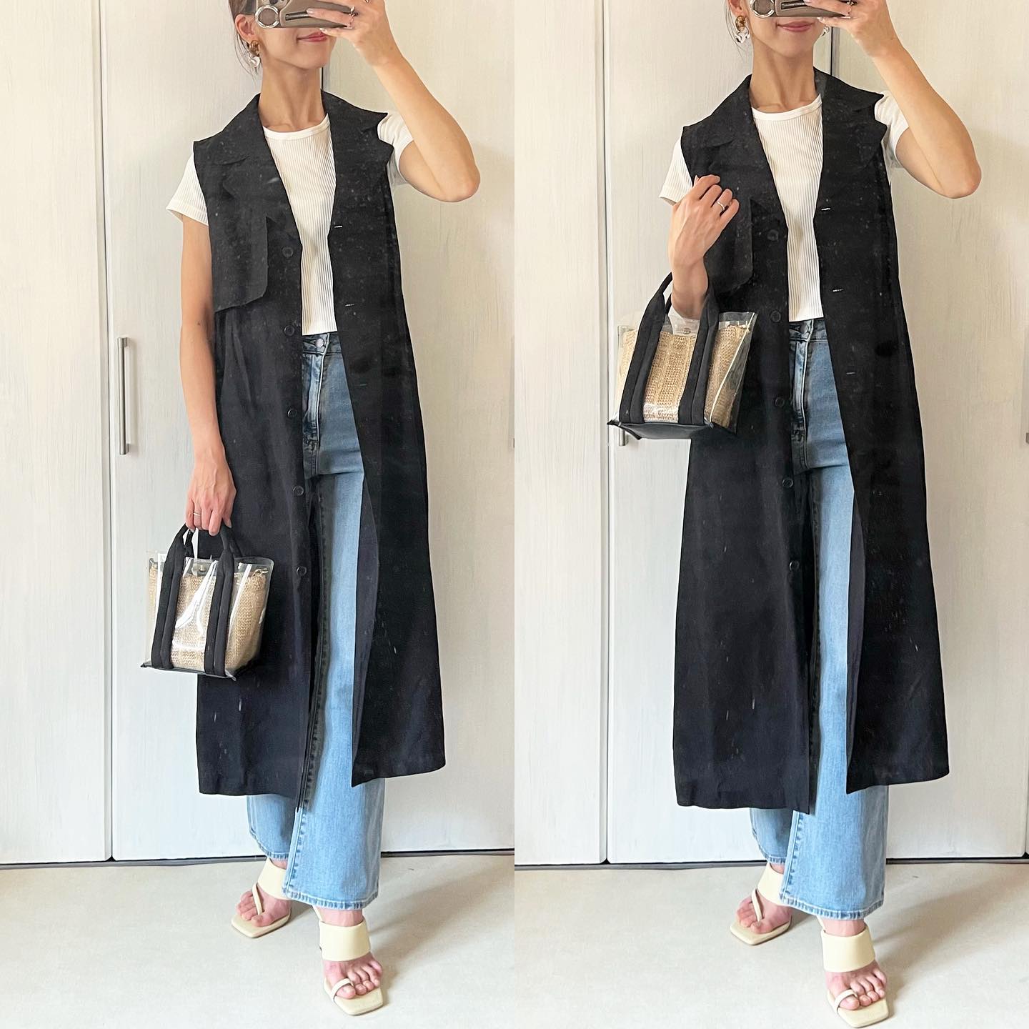 Tシャツ×デニムのコーデにラペルワンピース・ブラックを合わせた画像