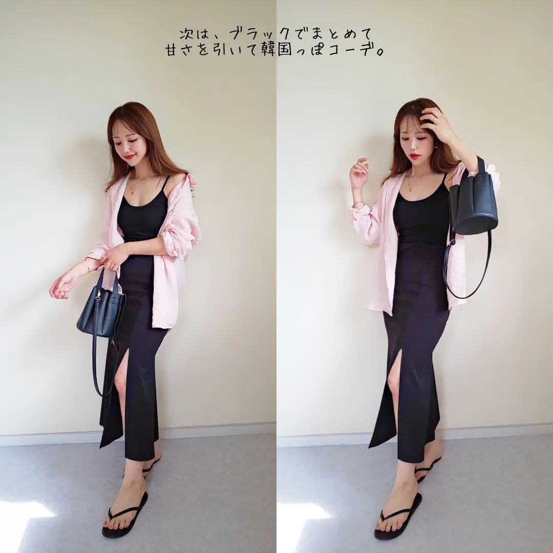 ブラックのキャミワンピにプレミアムリネンシャツ・ピンクを着ている画像