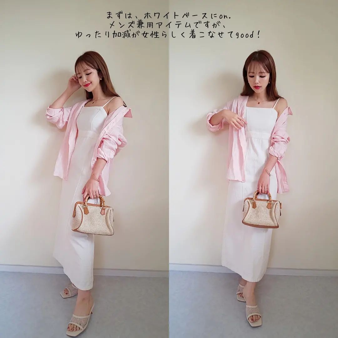 ホワイトのジャンパースカートにプレミアムリネンシャツ・ピンクを着ている画像