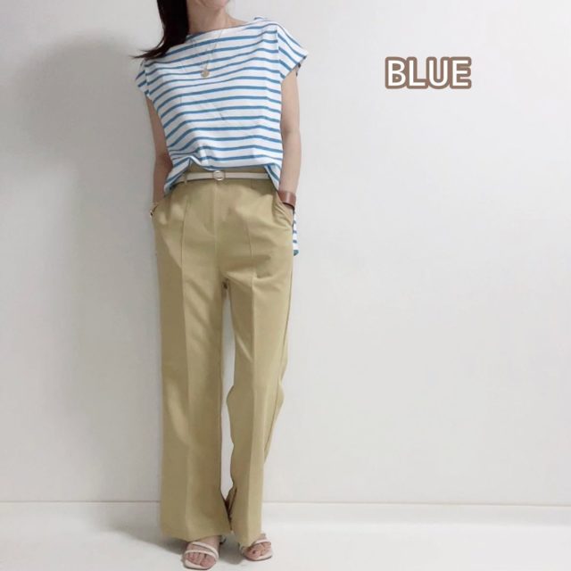 しまむらのブルーの「カラーボーダーフレンチスリーブTシャツ」×センタープレスパンツコーディネート