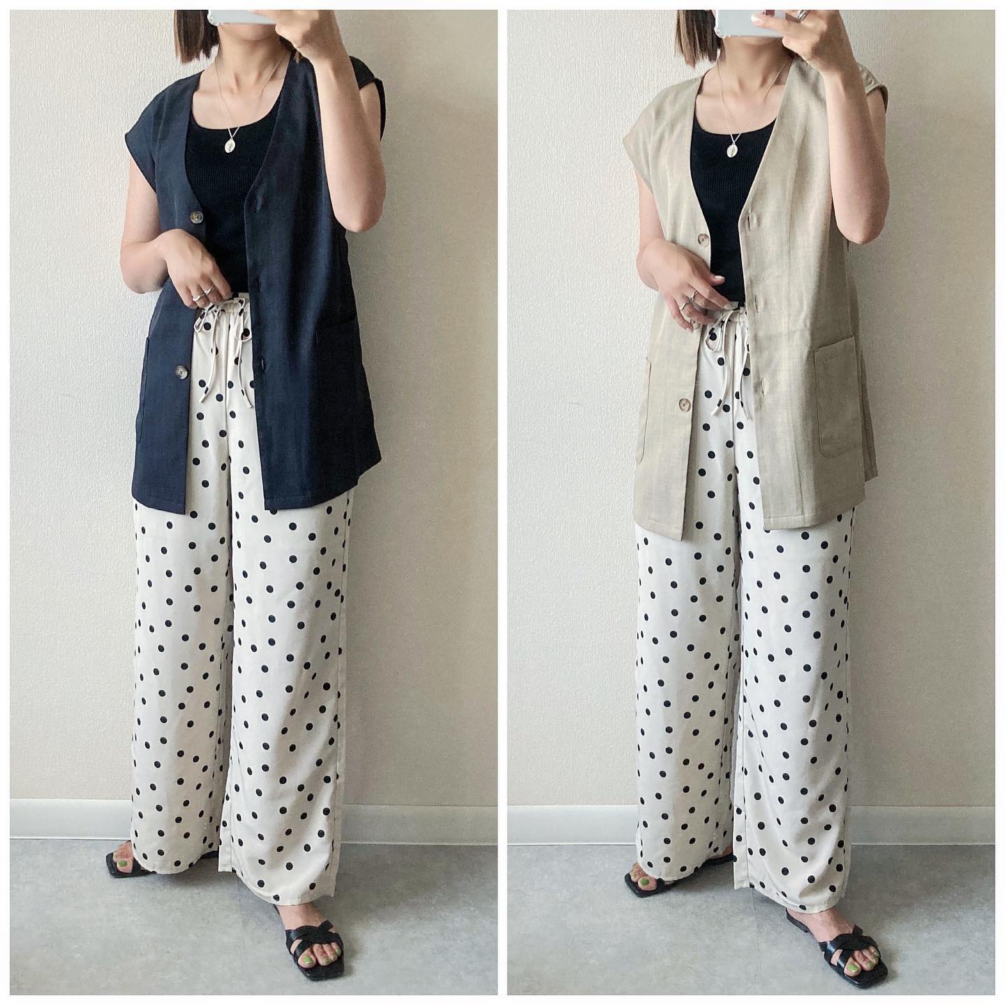 ジレ・インナーとドットプリントイージーパンツ、ナチュラルのコーデ画像
