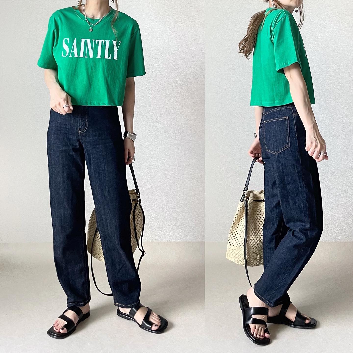 ロゴT、グリーンにハイライズジーンズ、ネイビーを合わせたコーデ