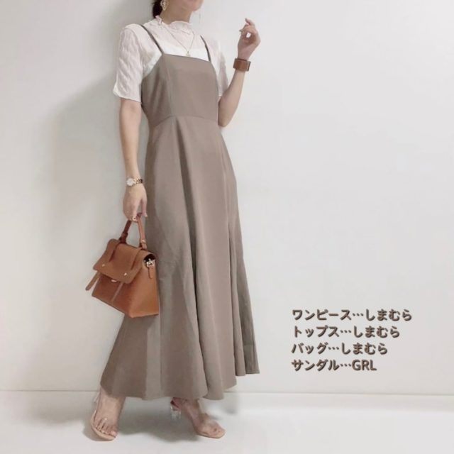 シアートップス×しまむらのブラウンの「マーメイドキャミワンピース」のコーディネート