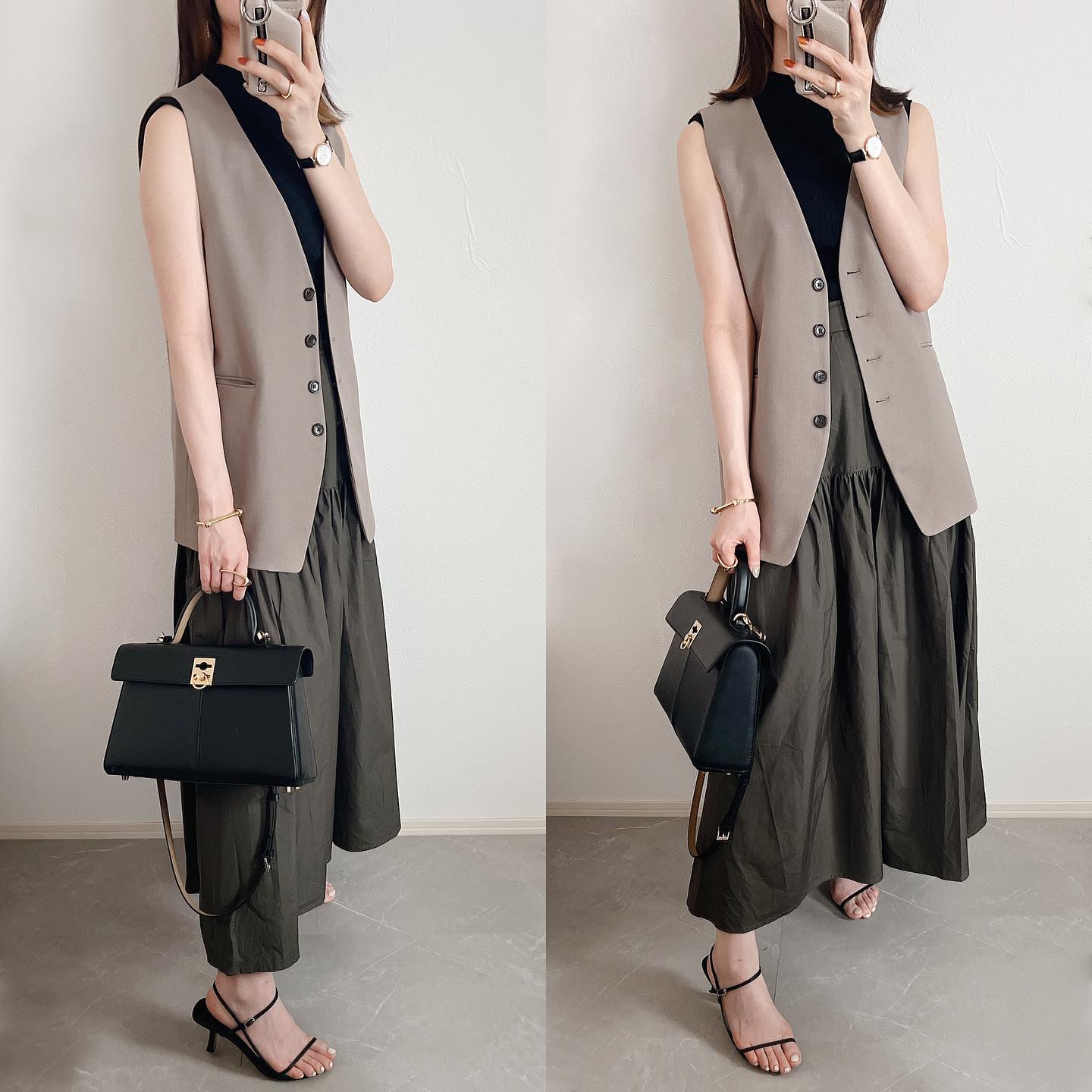 ノーカラーベストRS+Eベージュに黒ニット、カーキフレアスカートを合わせたコーデ