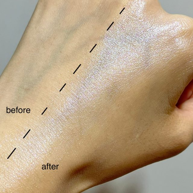 ケイト　クリアインパクトリキッドハイライターPU クリアパープルを手の甲に塗る前と塗った後の比較