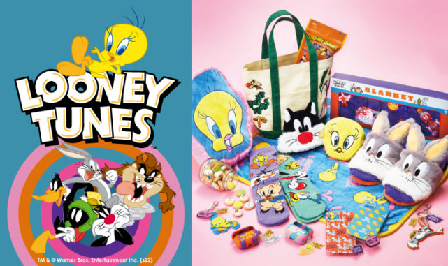 LOONEY TUNESのメインビジュアルとコラボ雑貨のグループショット