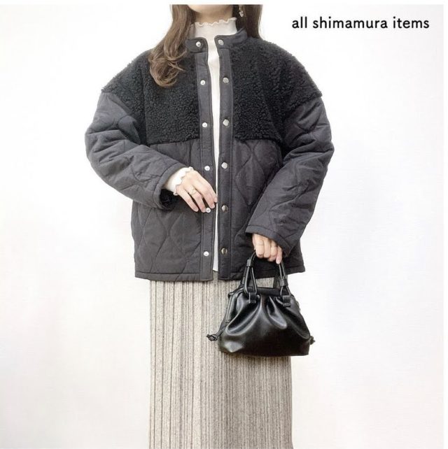 キルティング×ボアアウターのコーデ