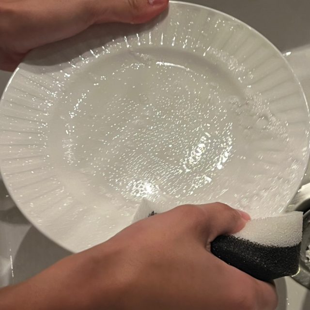 ディッシュウォッシングリキッドでお皿を洗っている様子