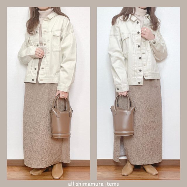 しまむらのホワイトの「ピンタックジャケット」×サイドスリットスカート
