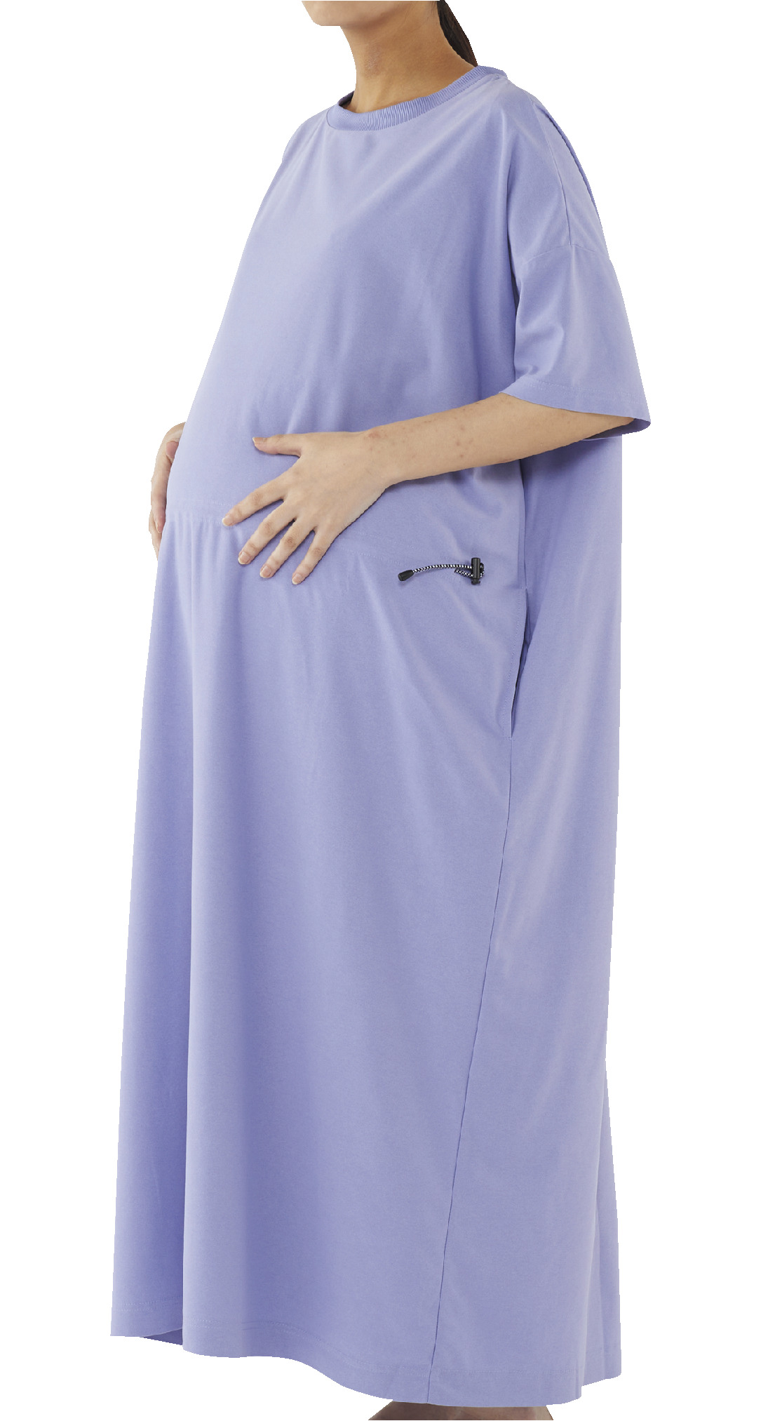 ニュートラルギャザーワンピース、パープルを着用した妊婦の画像