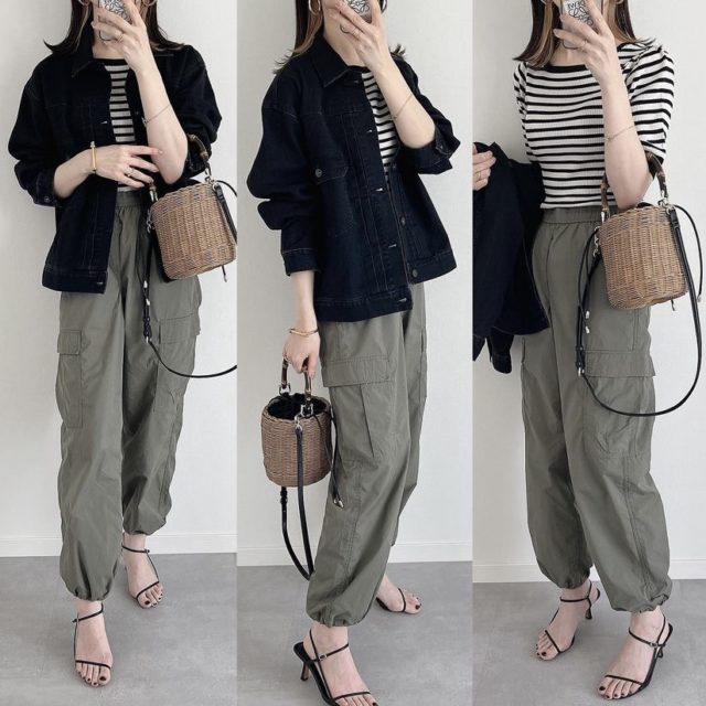 カーキのイージーカーゴパンツを着用したコーデ