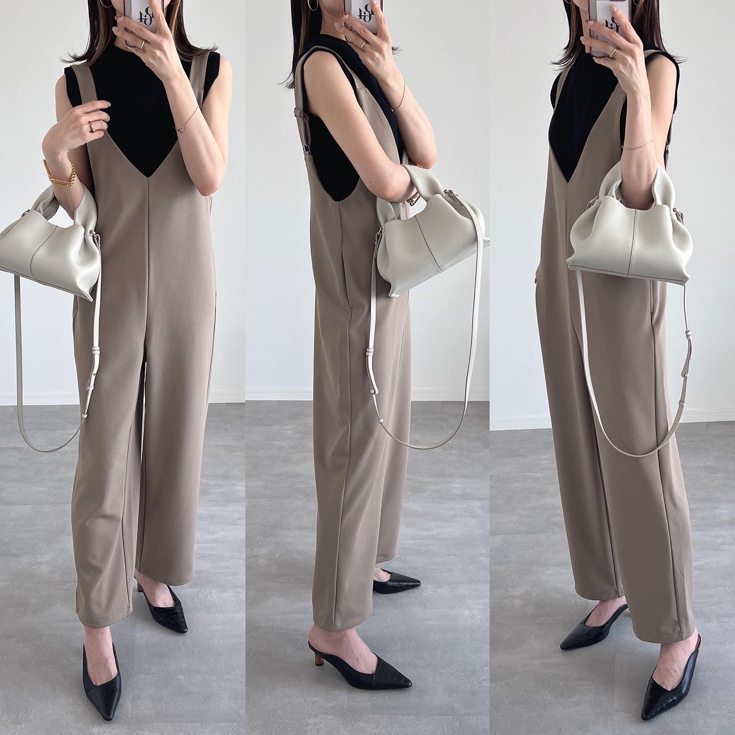 カットソーサロペットパンツ+Eのベージュを着用している